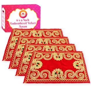 Bhakti Lehar ( Size: 6" X 9" Inch ) Embroidered Red Velvet Pooja Aasan Cloth / Pooja Aasan Kapda / Pooja Chowki Altar Cloth for Home Mandir, Temple, God & Goddess Asana Altar Cloth