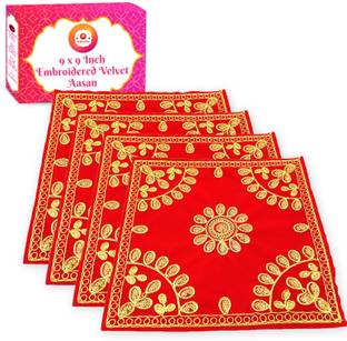 Bhakti Lehar ( Size: 9" X 9" Inch ) Embroidered Red Velvet Pooja Aasan Cloth for God / Puja Chowki Aasan Kapda for Mandir, Temple, Puja Table, God & Goddess Assan Altar Cloth