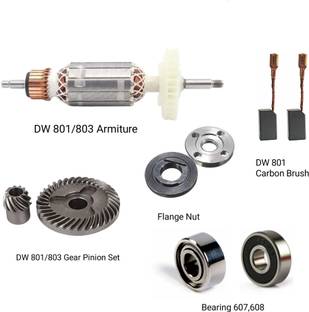 HOXIUL Deawlt Dw801 Armature, Gear,Flange Nut, Bearing 607-608,Carbon Combo (Pack Of 9) Angle Grinder