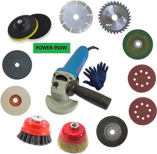 DUMDAAR Heavy duty Electric Angle Grinder Machine with 1pair Glove 2pc Vecro pad 1pc 4inch (Felt Flap Metal Cutting Grinding Marble Wood Wheel ) 1p 5inch Backing Pad 2pc 3inch Golden and Twisted Cup brush set Angle Grinder