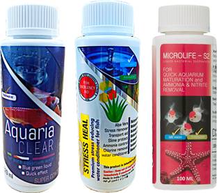 Scroll Store Aquarium Remedies 3 in 1 Pack Aqua Clear, Stress Heal and Microlife S2 Solvent Aquarium Cleaner