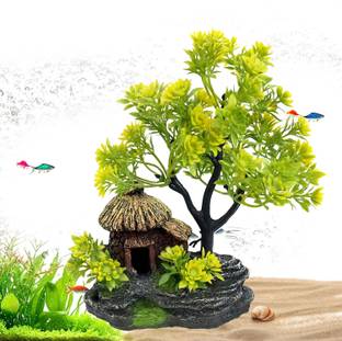 Jainsons Pet Products Aquarium Artificial Green Plants with Fish House and Resin Landscape Base 7 Inch Aquarium Plant Anchor