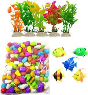 Sky Aquarium Decoration combo kit for Artificial Colorful 5 Plant,5 Fish,Multi stone River Rock Planted Substrate