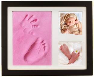 Dream Gifts Baby Clay Handprint & Footprint Kit with XL Brown Box Frame (14.5"x11"x1") & Pink Colour Impression Art Clay