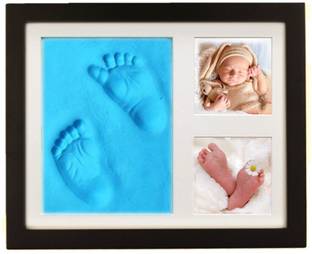 Dream Gifts Baby Clay Handprint & Footprint Kit with XL Brown Box Frame (14.5"x11"x1") & Blue Colour Impression Art Clay