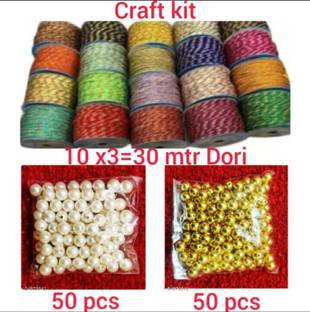 DIARA DIY Art Craft Combo Kit -10 Color Dori 10x3 mtr=30mtr, 50 Gold + 50 Cream Beads