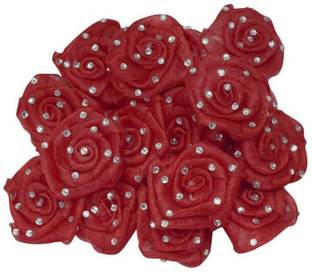 एशियाई Satin & Tissue Stone Ribbon Rose Flower: (51 MM): Pack of 24pcs : Red