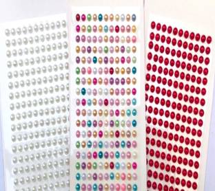 DEZIINE Colourful Pearl Stone Self Adhesive Crystal Stickers-Multi, White & Red set of 3
