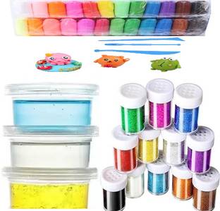 Freedy 3 Crystal Slime and 12 Air Dry Clay Non-Toxic Combo with 12 Glitter and Tools