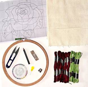 KHUSHA CREATIONS Embroidery Hoop With Threads,Tools&Design Combo forBeginners(Rose Design)/DIYKit