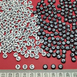 FANC Alphabet Beads Black & White Round Disc Shape Engraved Alphabets, 208 Beads