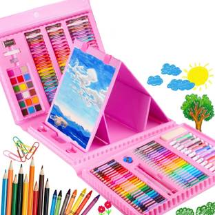 AKSHAR4u Plastic Deluxe Art Set Box With Crayons Oil Pastels Colored Pencil 208 Pcs Pink
