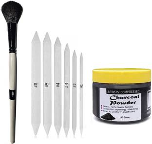 ChiggiWiggi Art Blending Brush With 6 Pcs Blending Paper Stumps and 90 Gram Charcoal Powder