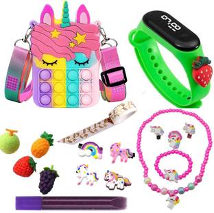 Prezzie Villa 17 Pieces Unicorn Stationery Gift Set for Kids Girls Unicorn Sling Pop Bag Combo
