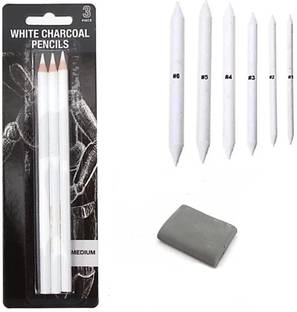 Brightlance Art Kit with White Charcoal Pencils (3), Paper stumps (6)+ Kneadable Eraser (1)