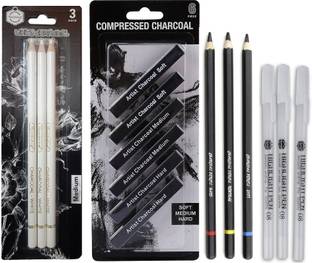 ChiggiWiggi 3 White & 3 Black Charcoal Pencil,6 Compressed Charcoal, 3 White Highlighter Pen