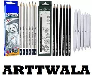 ARTTWALA ARTLINE Sketch Pencils+Blending Stumps+FABER CASTELL Drawing Pencil COMBO