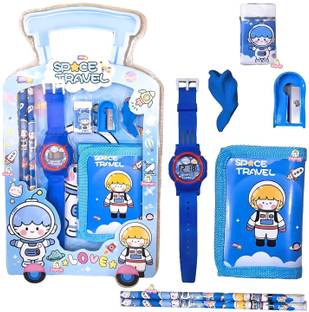 Vadhavan Gift Set for Kids with Watch, Sharpener, Eraser 2 Pencils, Wallet Pouch, Grip
