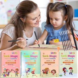 URBANHUDA Reusable magic Book &Number &English &Drawing &Mathematics 4Books 10Refile 1Grip
