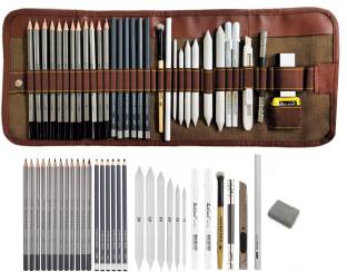 Definite Art 33 Pieces Professional Sketching and Drawing Art Tool Kit; 12 X Graphite Pencils- 10B, 8B, 6B, 5B, 4B, 3B, 2B, B, HB, 2H, 4H & 6H; 6 X Black Charcoal Pencils (3 X Soft, 2 X Medium & 1 Hard), 6 X Paper Art Blending Stumps, 1 X Small Handle Blending Brush, 2 X White Pens, 1 X Utility Sharpening Knife, 1 X 13cm Pencil Extender, 1 X White Glass Marking Pencil , 1 X Kneadable Eraser, and 1 Canvas Rolling Pouch