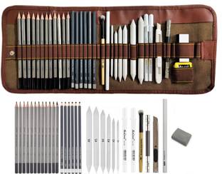 Definite Art 33 Pieces Professional Sketching and Drawing Art Tool Kit; 12 X Graphite Pencils- 10B, 8B, 6B, 5B, 4B, 3B, 2B, B, HB, 2H, 4H & 6H; 6 X Black Charcoal Pencils (3 X Soft, 2 X Medium & 1 Hard), 6 X Paper Art Blending Stumps, 1 X Small Handle Blending Brush, 2 X White Pens, 1 X Utility Sharpening Knife, 1 X 13cm Pencil Extender, 1 X White Glass Marking Pencil , 1 X Kneadable Eraser, and 1 Canvas Rolling Pouch