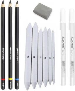 Definite 3Pc Camlin Charcoal Pencil, 2Pc White Pen, 6Pc Blending Stump & Kneadable Eraser