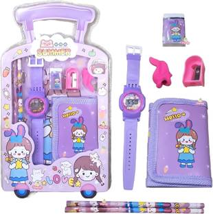 Vadhavan 7 in 1 Stationery Gift Set for Kids Watch, Sharpener, Eraser 2 Pencils, Pouch