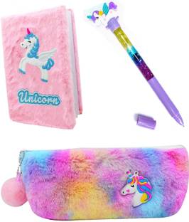 AR BHUMI Unicorn Stationery Set Of 3 | Unicorn Pouch, Dairy & Glitter Pen