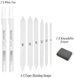 SKYGOLD Art White Paper Stump/Art Blender/Tortillons to Smudge or Blend Charcoal, Pastel, Crayon & Graphite with Kneadable Eraser & 2 X White Highlighter Pen 0.8mm for Highlighting and Reflection effect
