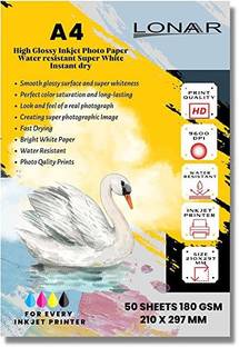 Lonaar 180 GSM A4 High Glossy Water Resistant Photo Paper For Inkjet Printer 50 Sheet