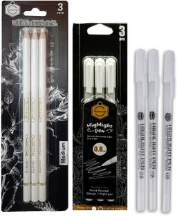 ChiggiWiggi 3 White Charcoal Pencil Set Medium & 3 White Highlighter Pen 0.8mm for Arts Work