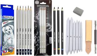 ChiggiWiggi 6 Artline Pencil Drawing Accessories Set With 3 White & 3 Black Charcoal Pencil