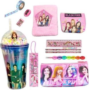 Prezzie Villa 11pcs Black Pink School Stationery Set - Pocket Diary, Pencils, Pouches & Sipper