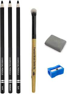 Definite Art 3 Pc Black Charcoal Pencils (1 Hard, 1 Medium and 1 Soft); Blending Smudger Brush and One Kneadable Eraser for Charcoal and Pastel Pencils.