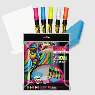 Soni Officemate Neon Glass Kit - 5 Vibrant Window Markers + 1 Acrylic sheet + 1 Microfiber Cloth