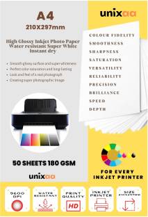 UNIXAA 180 GSM High Glossy Inkjet Photo Paper A4 (210X297 MM) (50 Paper Sheet White)