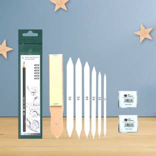 SKYGOLD Art FABER CASTELL Drawing Graded Pencils - 2B, 3B, 4B, 5B, 6B and 8B (Pack of 6) + Blending/Smudging Stumps Set of 6 (Size 1 to 6) + Sand Paper Pencil/Stump Sharpener + TWO Kneadable Eraser for Graphite and Charcoal Pencils