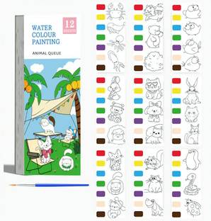 ECOMSHREEJI Animal Queue Water Painting Book for Kids - 12 Sheets with Painting Brush