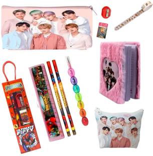Prezzie Villa 10pcs BTS Combo School Stationery Set - Pocket Diary, Pencils, Pouches & Tape
