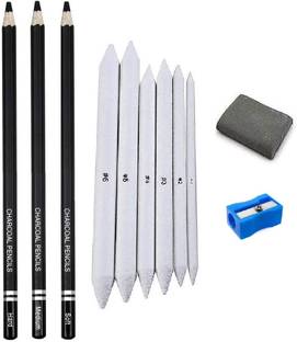 TouchCool Art 3pc Black Charcoal Pencils + 6pc Blending Stump + 1pc Kneadable Clay Eraser