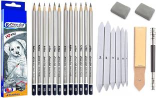 ChiggiWiggi 12 Artline Pencil,6 Blending Stump,2 Eraser,1 Extender,Sand Paper Strip Arts Kit