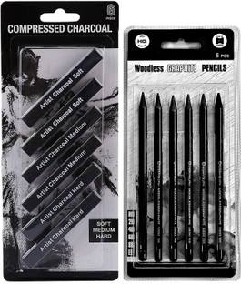 ChiggiWiggi 6 Compressed Charcoal Stick Set & 6 Woodless Graphite Pencil For Art & Sketching