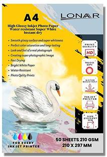 Lonaar 210 GSM A4 High Glossy Water Resistant Photo Paper For Inkjet Printer 50 Sheet