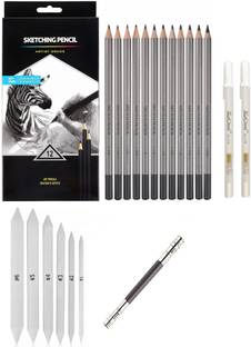 TouchCool Art 12pc Drawing Pencil + 6pc Paper Stumps + 1pc Pencil Extender + 2pc White Pen