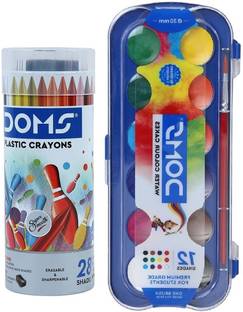DOMS 28 Shades Plastic Erasable Crayon With 12 Shade Water Color Cakes Brush Inside
