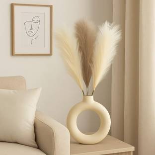 Shivdhara Craft 3 Pcs Artificial Pampas Grass 2 Off White & 1 Brown Fluffy Décor for Vase Multicolor Dried Sticks Artificial Flower