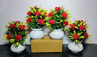 ADIRSA Stylish Looking RED Color Decorative Piece Rose Flower Set Red Wild Flower Artificial Flower  with Pot