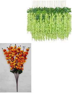 SellPlus (Comboo of 12 Piece Wisteria & 2 Piece Cherry Blossom) Orange, Green Westeria, Cherry Blossom Artificial Flower