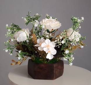 Litleo wooden pot mix design flower for home office gift White Rose Artificial Flower  with Pot