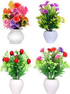 GOVIC Mixup Collection 4 Piece Flower Plant For Home, Office, Temple Decor| Multicolor Wild Flower Artificial Flower  with Pot